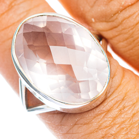 Faceted rose quartz ring with oval stone and .925 sterling silver bezel