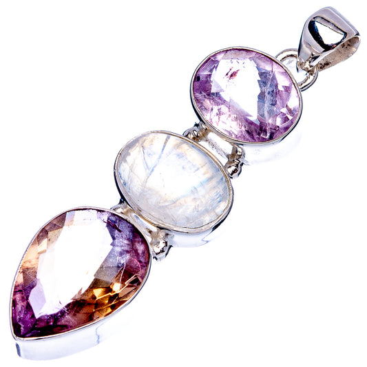 Sterling silver pendant with oval moonstone and amethyst-like purple and amber stones, bail top