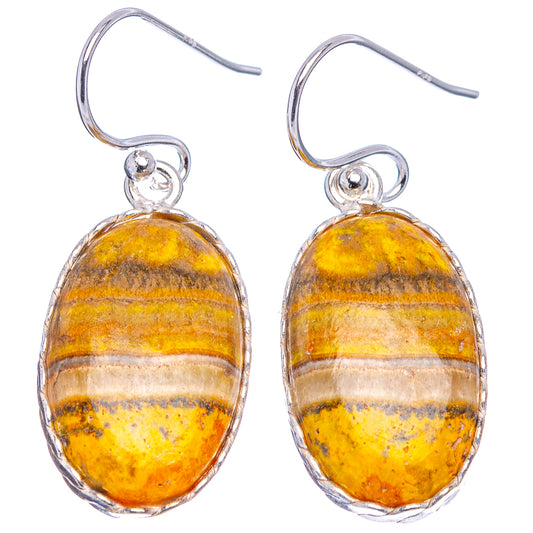 Pair of oval yellow striped Bumblebee jasper earrings with .925 sterling silver hooks