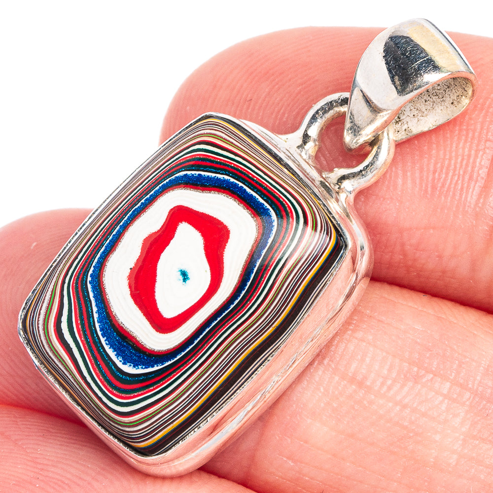 Fordite pendant in 925 sterling silver, rectangular rainbow stripes with red/blue center