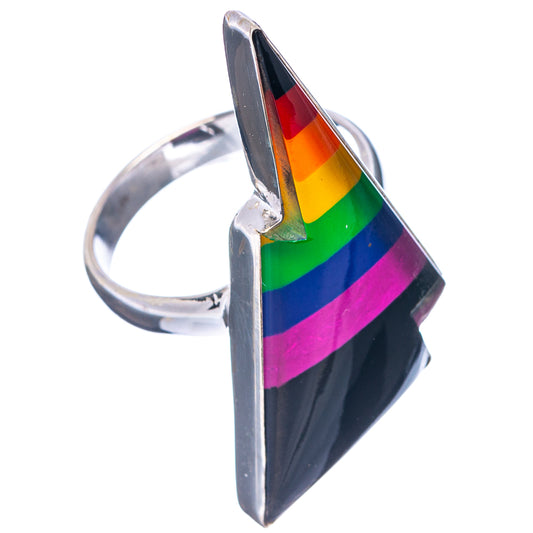 Rainbow bolt ring in .925 sterling silver, rainbow stripes on black backing