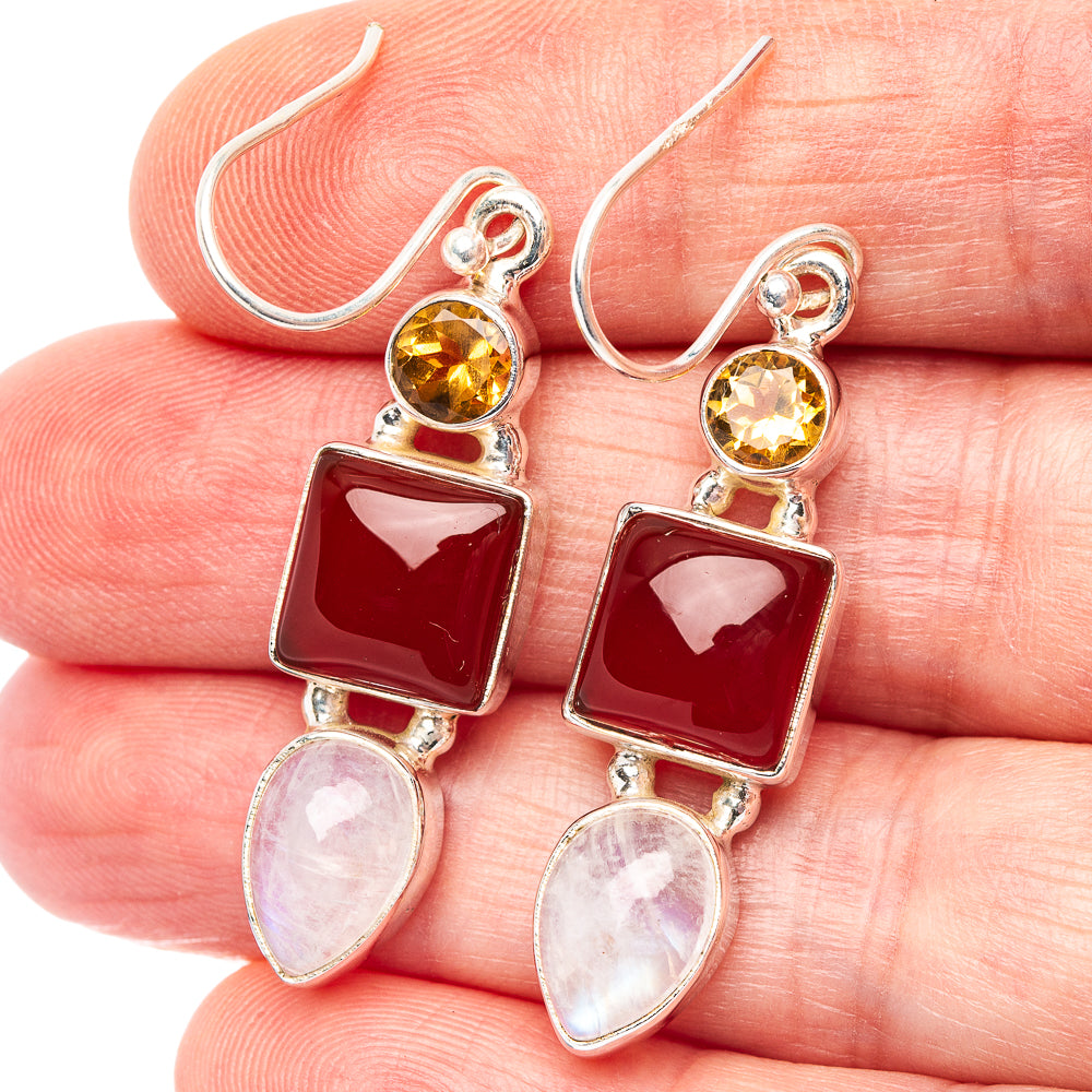 Premium Carnelian, Rainbow Moonstone, Citrine Earrings 1 7/8" (.925 Sterling Silver)