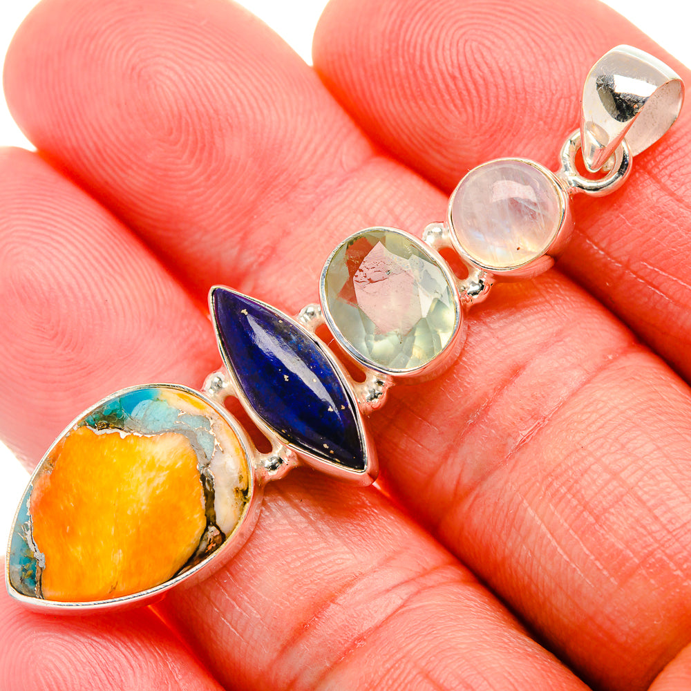 Spiny Oyster Turquoise, Lapis Lazuli, Aquamarine, Rainbow Moonstone Pendant 2 1/4" (925 Sterling Silver) PD38153