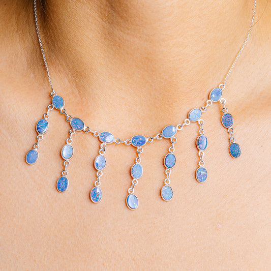 Doublet opal necklace with .925 silver chain and blue oval opal drop charms, 16–17 in