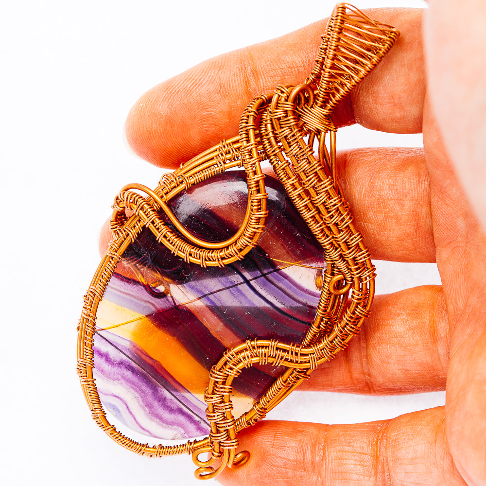 Banded Fluorite Wire Wrap Pendant 3 3/8" (Copper)