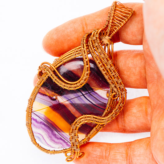 Banded Fluorite Wire Wrap Pendant 3 3/8" (Copper)