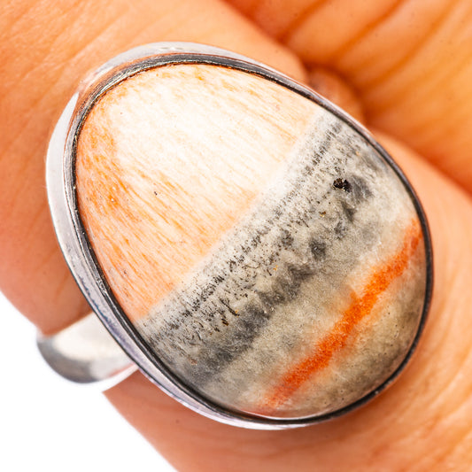 Celestobarite oval bezel ring in sterling silver, orange and gray stone face
