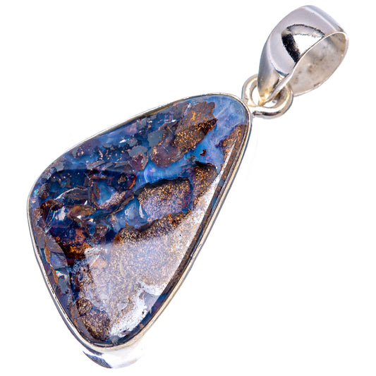 Sterling silver boulder opal pendant with teardrop blue opal stone and brown matrix, bail visible