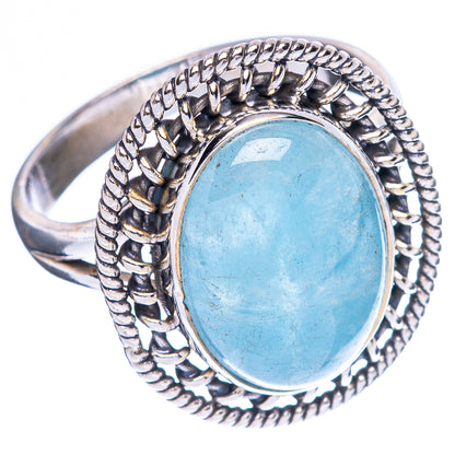 Aquamarine oval 925 sterling silver ring, rope texture frame, side view, size 10
