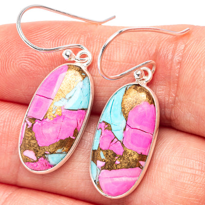 Oval sterling silver drop earrings with turquoise, pink, and gold mosaic stones