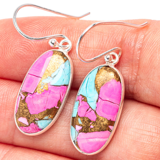 Oval sterling silver drop earrings with turquoise, pink, and gold mosaic stones