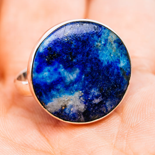 Sterling silver ring with oval blue Afghanite cabochon, front view, size 9