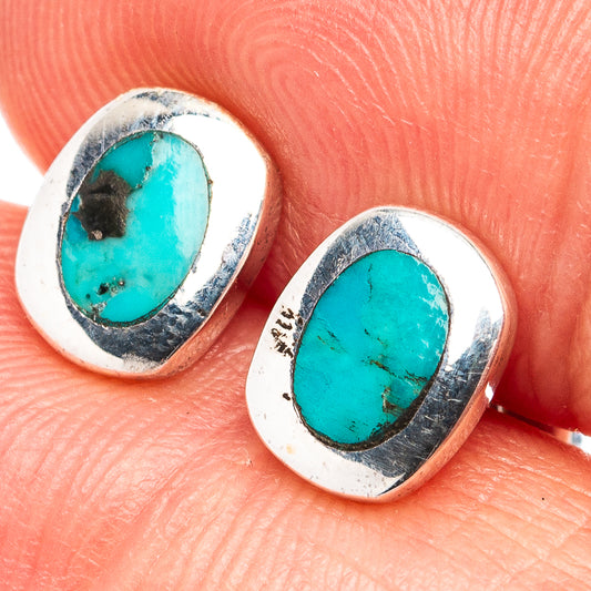 Oval turquoise cabochon stud earrings in .925 sterling silver bezel setting
