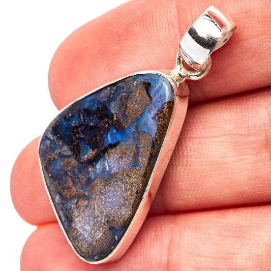 Sterling silver boulder opal pendant, blue stone with gold and black matrix in teardrop bezel