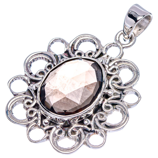 Sterling silver smoky quartz pendant with ornate filigree frame and light oval faceted stone