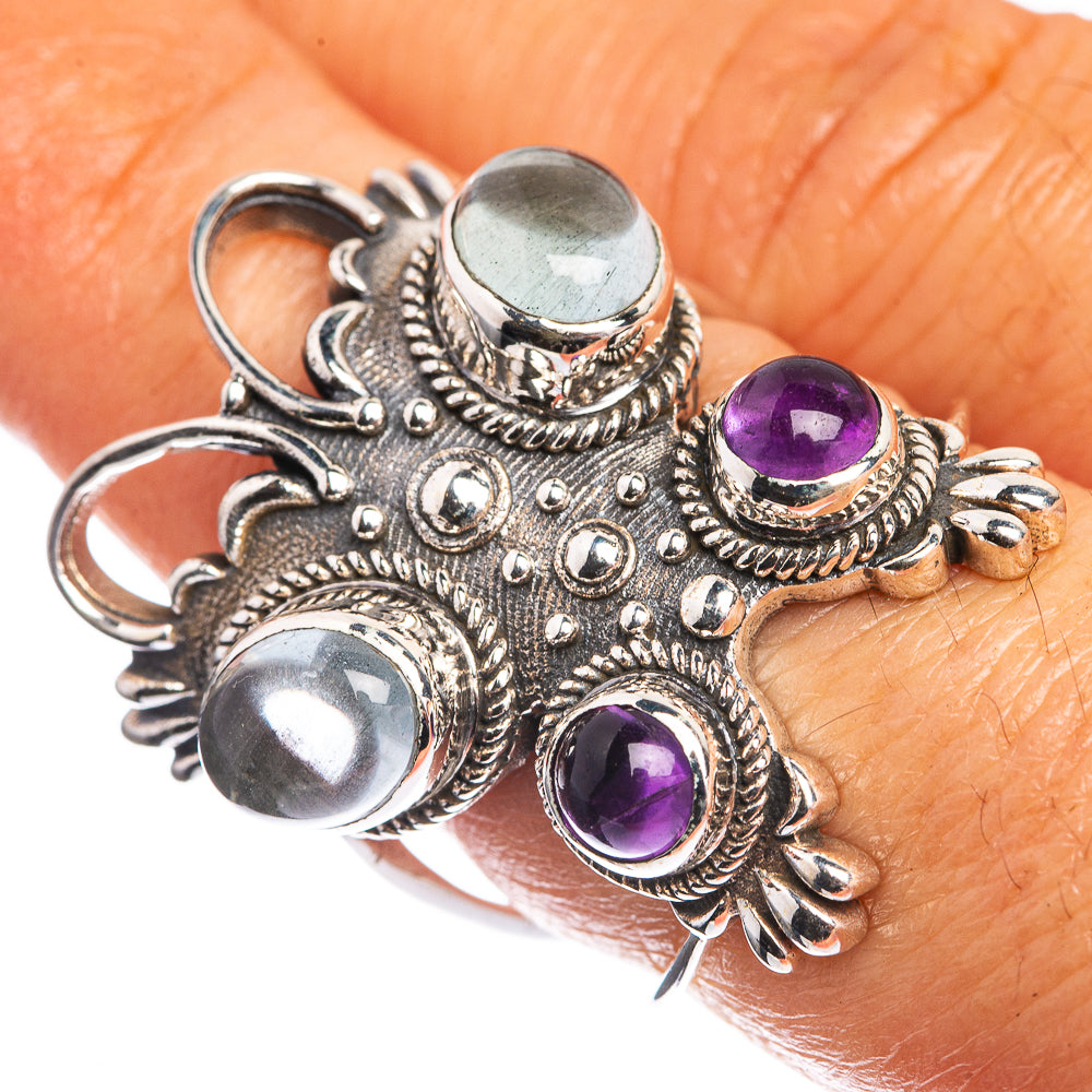 Large Natural Aquamarine, Amethyst 925 Sterling Silver Ring Size 7.5