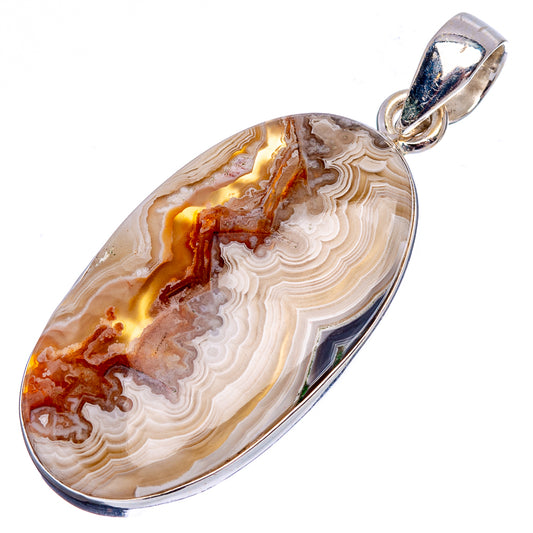 Oval lace agate pendant with sterling silver bail, white-beige and reddish-brown swirls