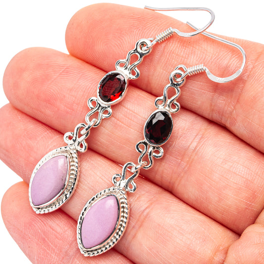 Sterling silver drop earrings with red garnet and pink phosphosiderite teardrops