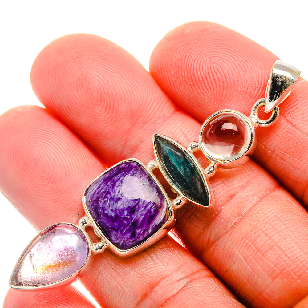 Charoite, Amethyst, Apatite, Aquamarine Pendant 2 1/2" (.925 Sterling Silver)