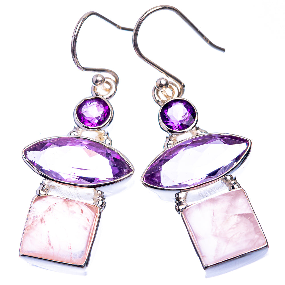 Amethyst and rose quartz earrings with silver hooks; purple oval tops and pink square drops