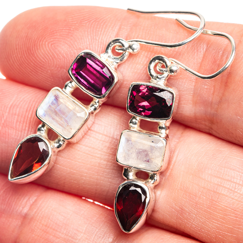Rainbow Moonstone, Garnet Earrings 1 5/8" (925 Sterling Silver) E432722