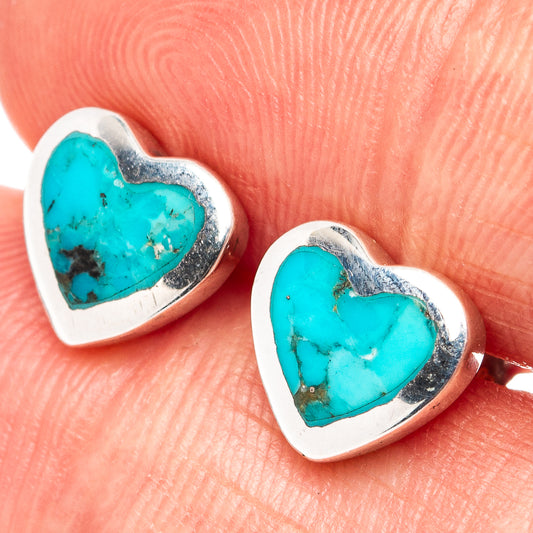 Turquoise heart stud earrings with .925 sterling silver bezel, turquoise stone detail