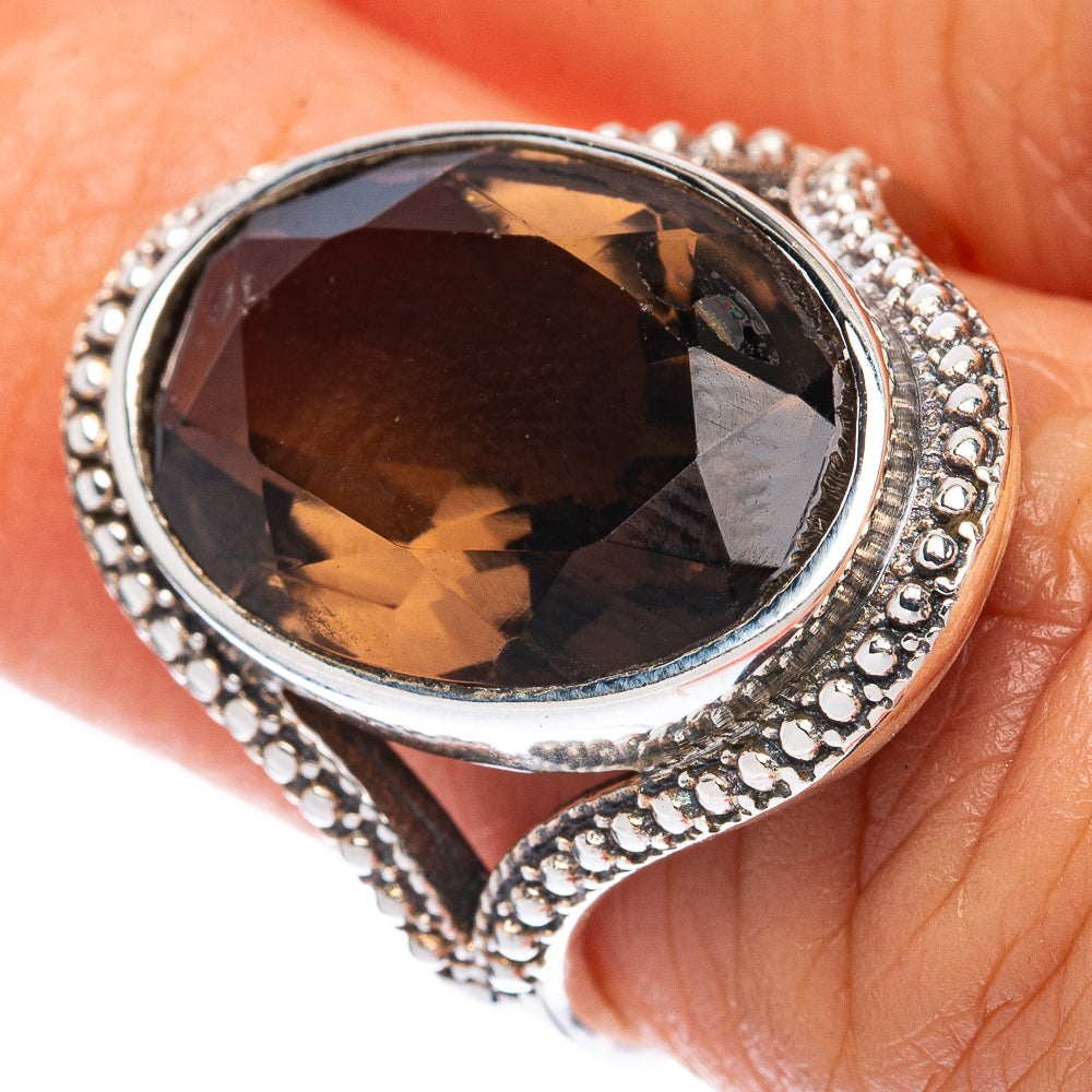 Smoky quartz oval ring, 925 sterling silver, beaded halo, size 6