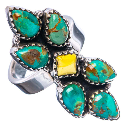 Adjustable sterling silver ring with multiple oval turquoise stones, yellow center