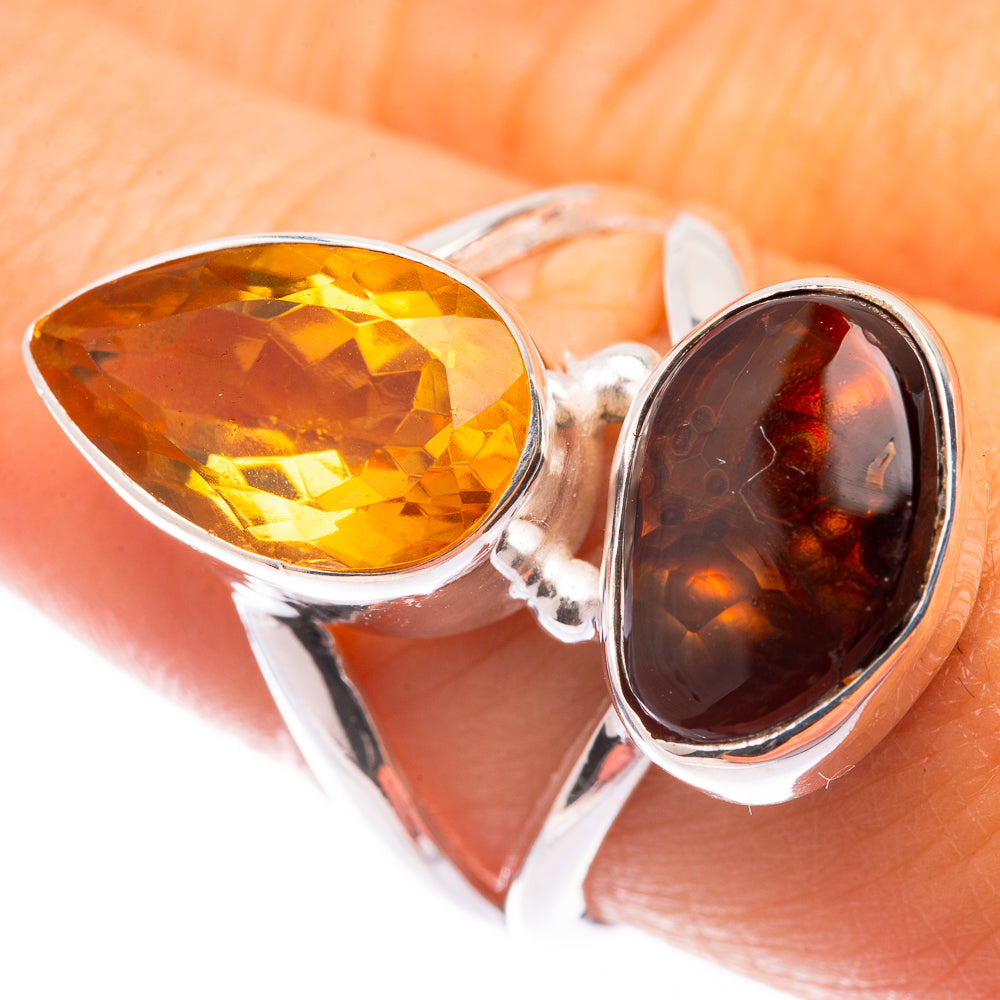 Sterling silver ring with oval citrine and dark fire agate cabochons