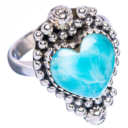 Larimar heart ring, 925 sterling silver band with blue heart-cut gemstone and bead border