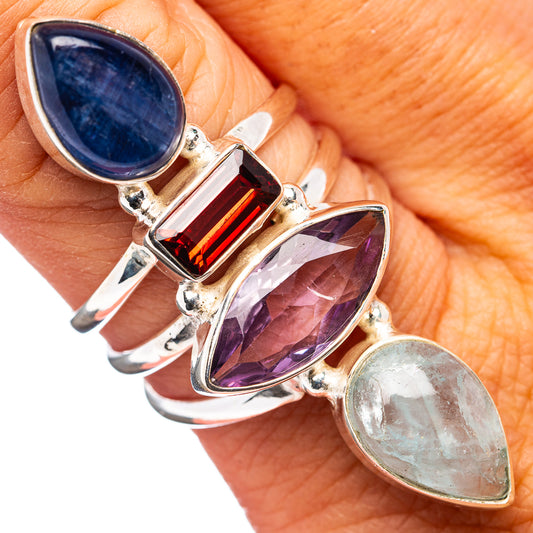 Sterling silver four-stone ring with blue oval, red bar, purple marquise, pale green oval