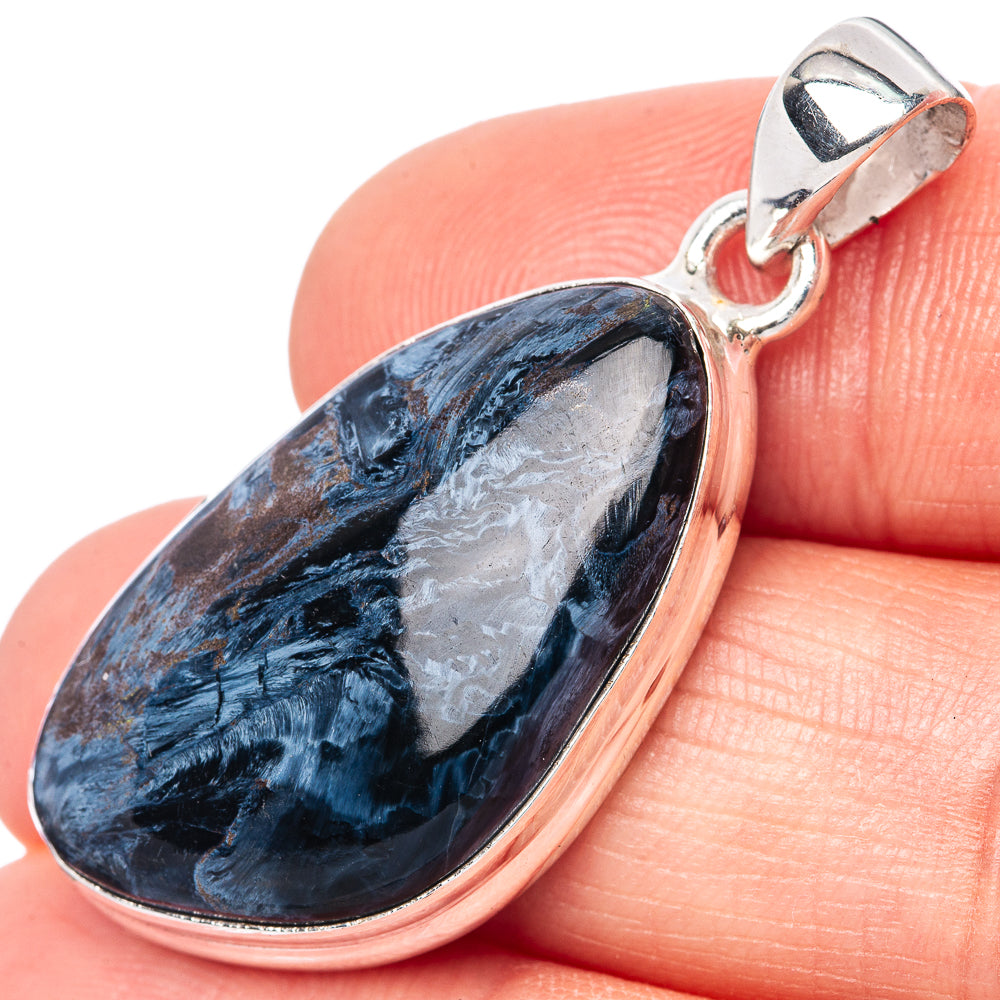 Sterling silver pietersite teardrop pendant with blue-gray stone and open bezel