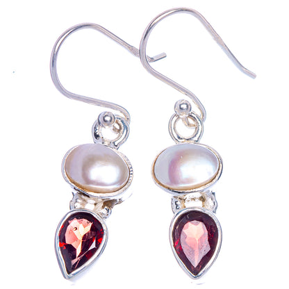 Cultured Pearl, Garnet Earrings 1 3/8" (925 Sterling Silver) E1026