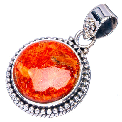 Oval sponge coral pendant with orange-red cabochon and 925 sterling silver rope frame