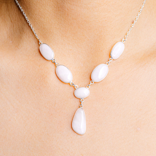 Sterling silver necklace with oval pink opal drops and linked chain