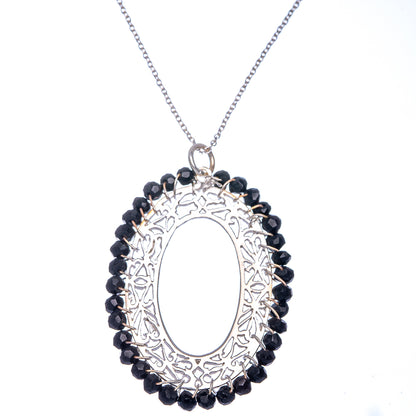 18 in black onyx necklace, oval sterling silver filigree pendant with black beads