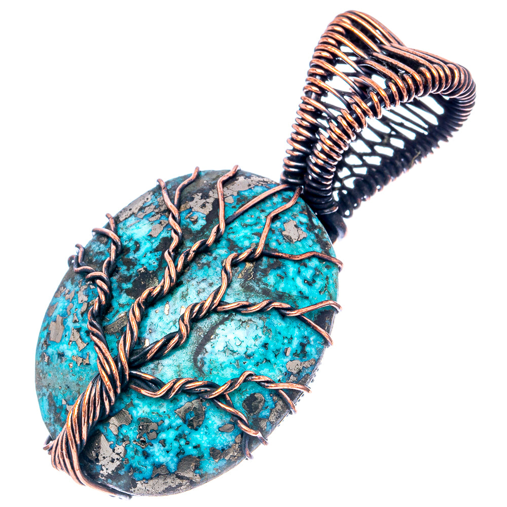 Turquoise tree of life pendant with oval stone and oxidized copper wire bail