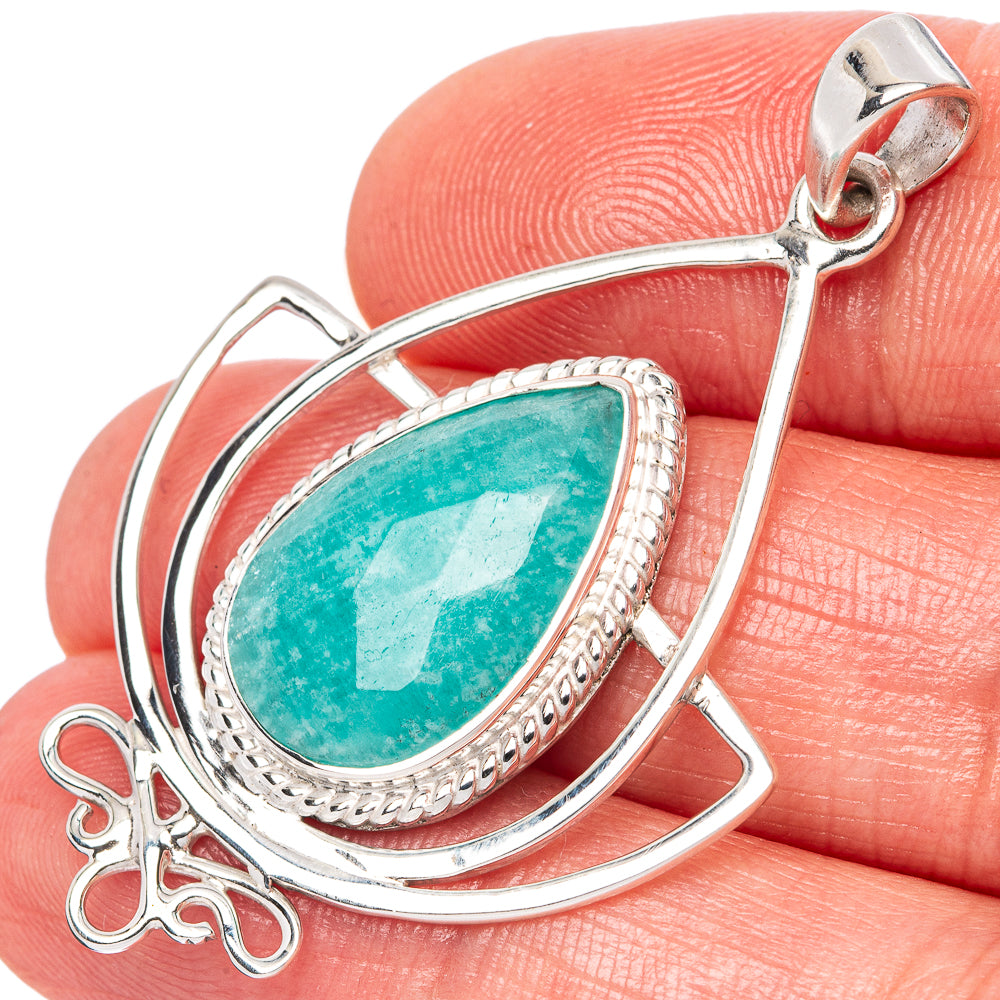 925 silver amazonite teardrop pendant, scalloped bezel and loop bail
