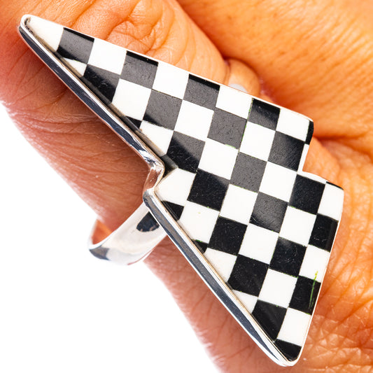 925 sterling silver checkered onyx bolt ring, black-and-white diamond pattern, size 10.75