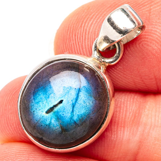 Labradorite pendant in round sterling silver bezel, blue flash gemstone with loop bail