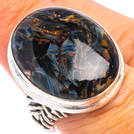 Sterling silver .925 pietersite ring, size 6, round cabochon with blue and gold flecks