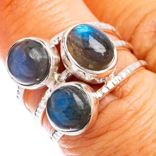 Sterling silver ring with three oval labradorite cabochons, blue-gray iridescence