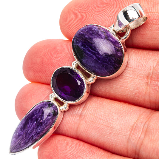 Purple gemstone pendant with three stones, bezel-set in .925 sterling silver