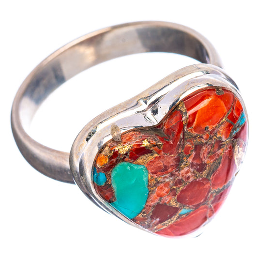 Side view of heart-shaped coral & turquoise matrix ring, .925 sterling silver band