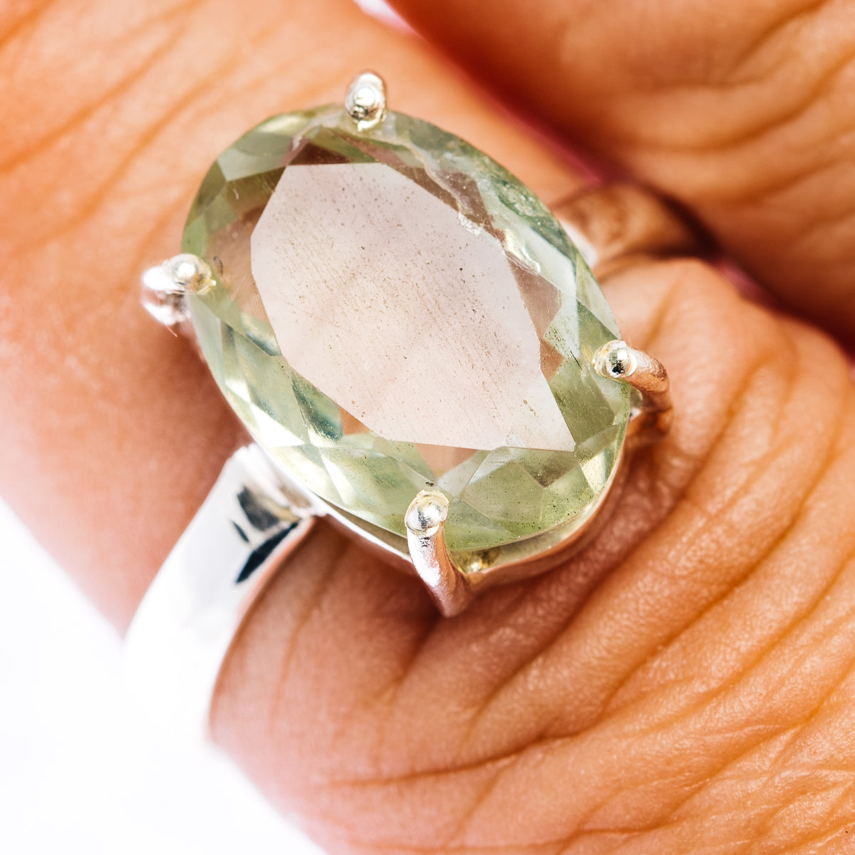 Faceted Prasiolite Ring Size 8.75 (.925 Sterling Silver)