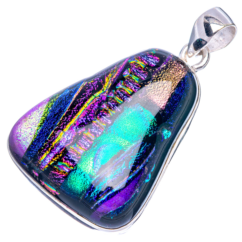 Dichroic glass pendant with iridescent multicolor streaks, framed in silver bail