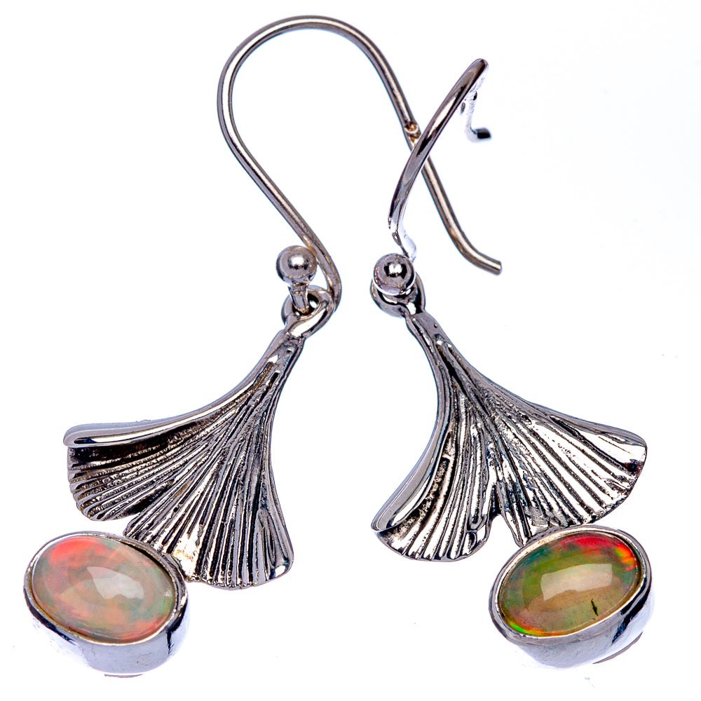 Sterling silver dangle earrings with fan motif, oval opal cabochons, hook backs