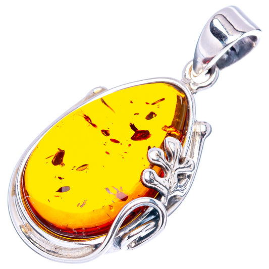 Sterling silver leaf-frame amber pendant with yellow teardrop and bail