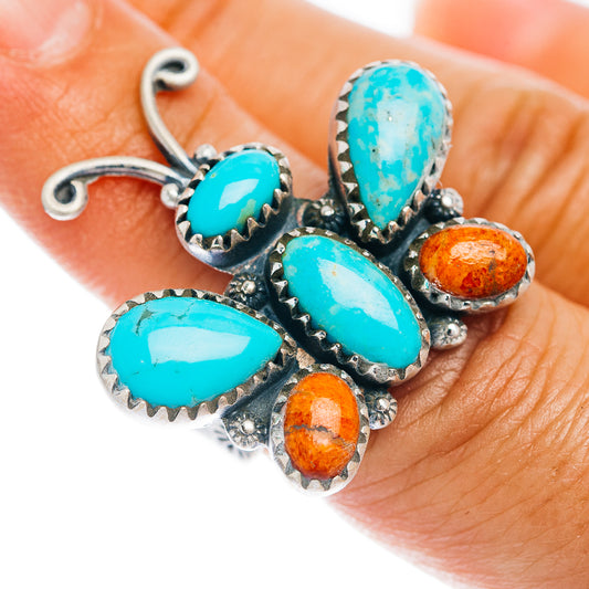 Exclusive Southwestern Style Kingman Turquoise Butterfly, Sponge Coral Ring Size 6 Adjustable (.925 Sterling Silver)