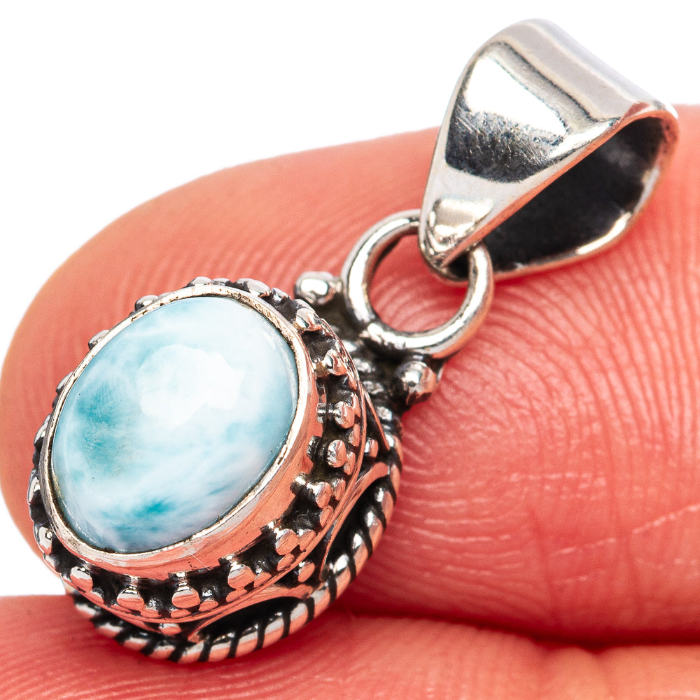 Larimar pendant charm, oval light-blue stone in ornate 925 silver bezel